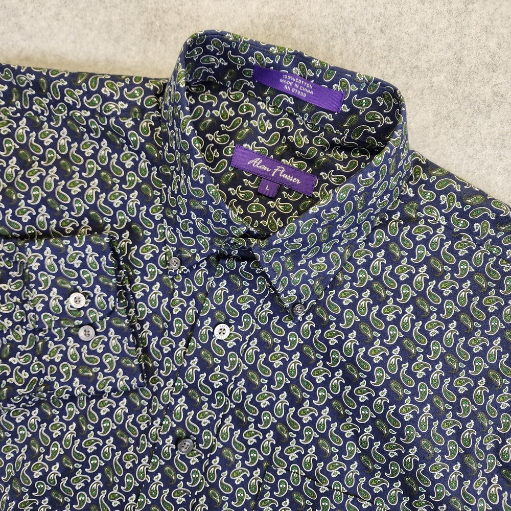 Alan‎ Flusser Paisley Long Sleeve Shirt Men's L Blue Green Button Up Geometric